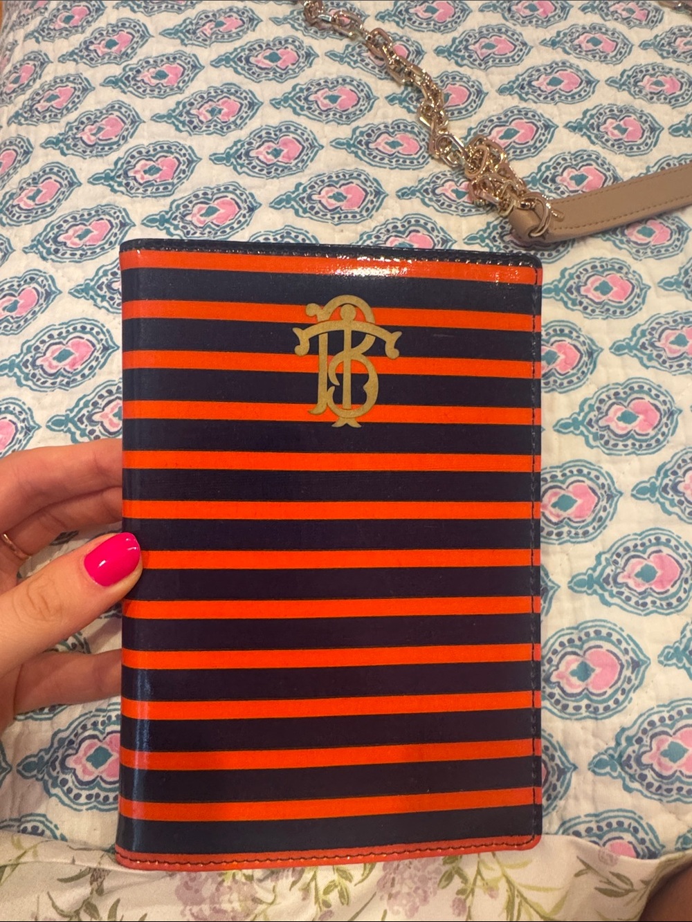 Tory Burch Navy & Orange Striped Passport Cover
